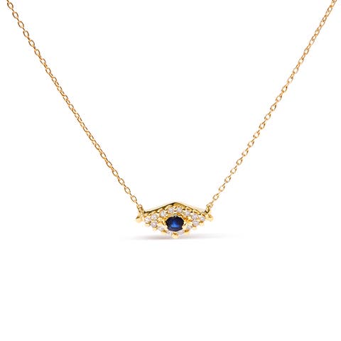 10K Gold Sapphire and Diamond Accented Evil Eye Pendant Necklace