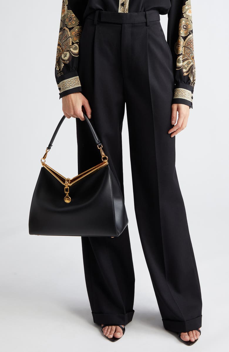 Etro Large Vela Leather Shoulder Bag, Alternate, color, Black