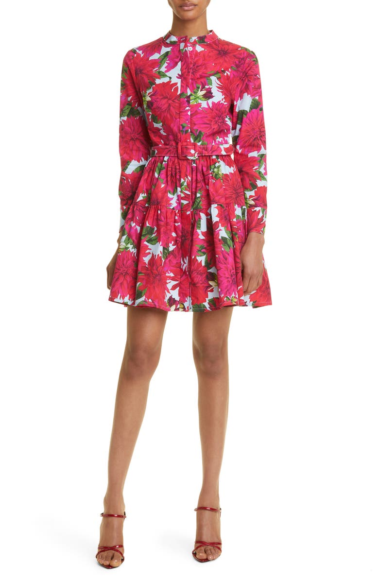Oscar de la Renta Dahlia Print Long Sleeve Stretch Poplin Shirtdress, Main, color, 