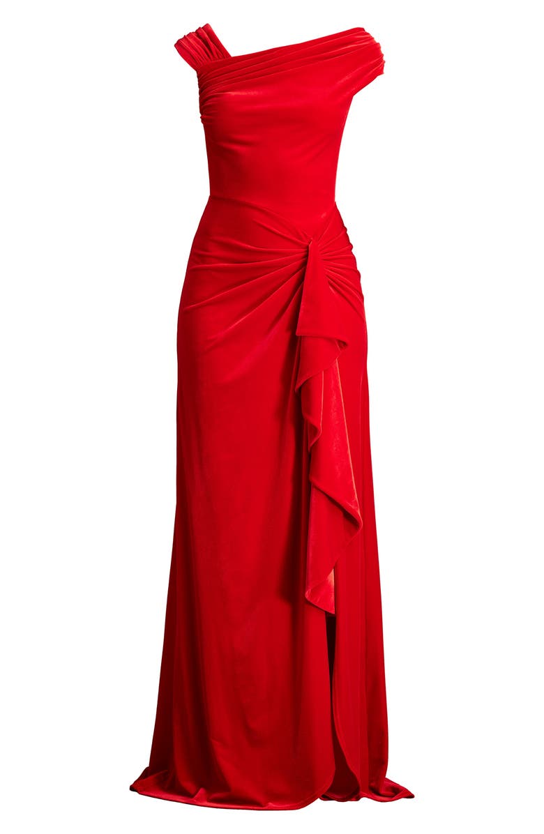 Tadashi Shoji Asymmetric Neck Side Ruffle Velvet Gown, Alternate, color, 
