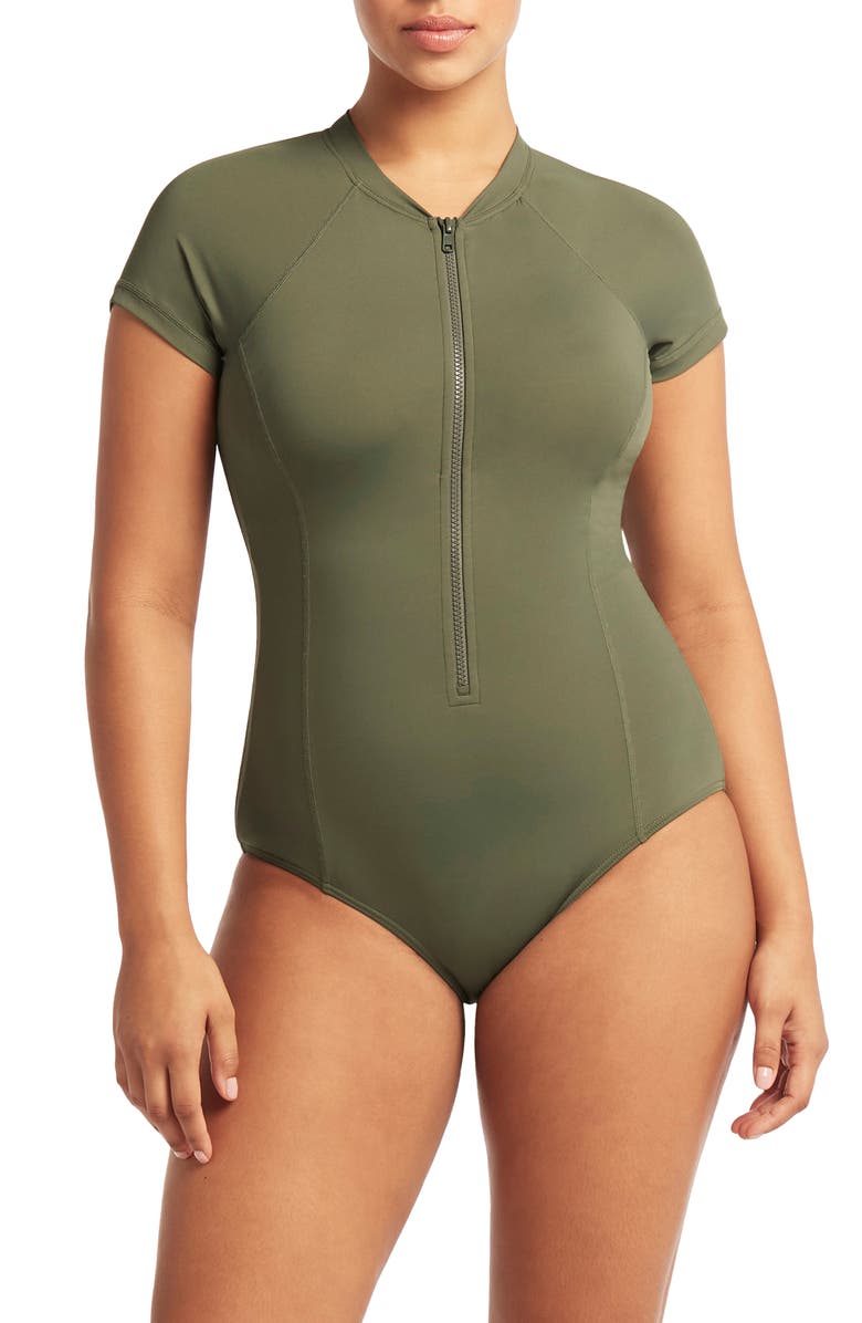 Sea Level Short Sleeve Multifit Front Zip One-Piece Swimsuit, Main, color, Khaki