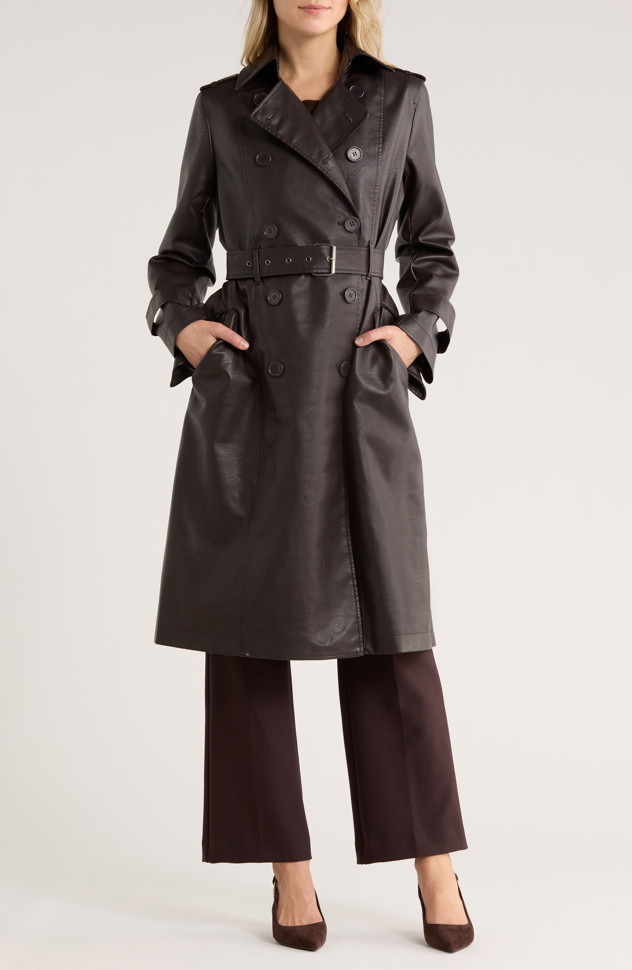 MAX STUDIO Faux Leather Long Trench Coat
