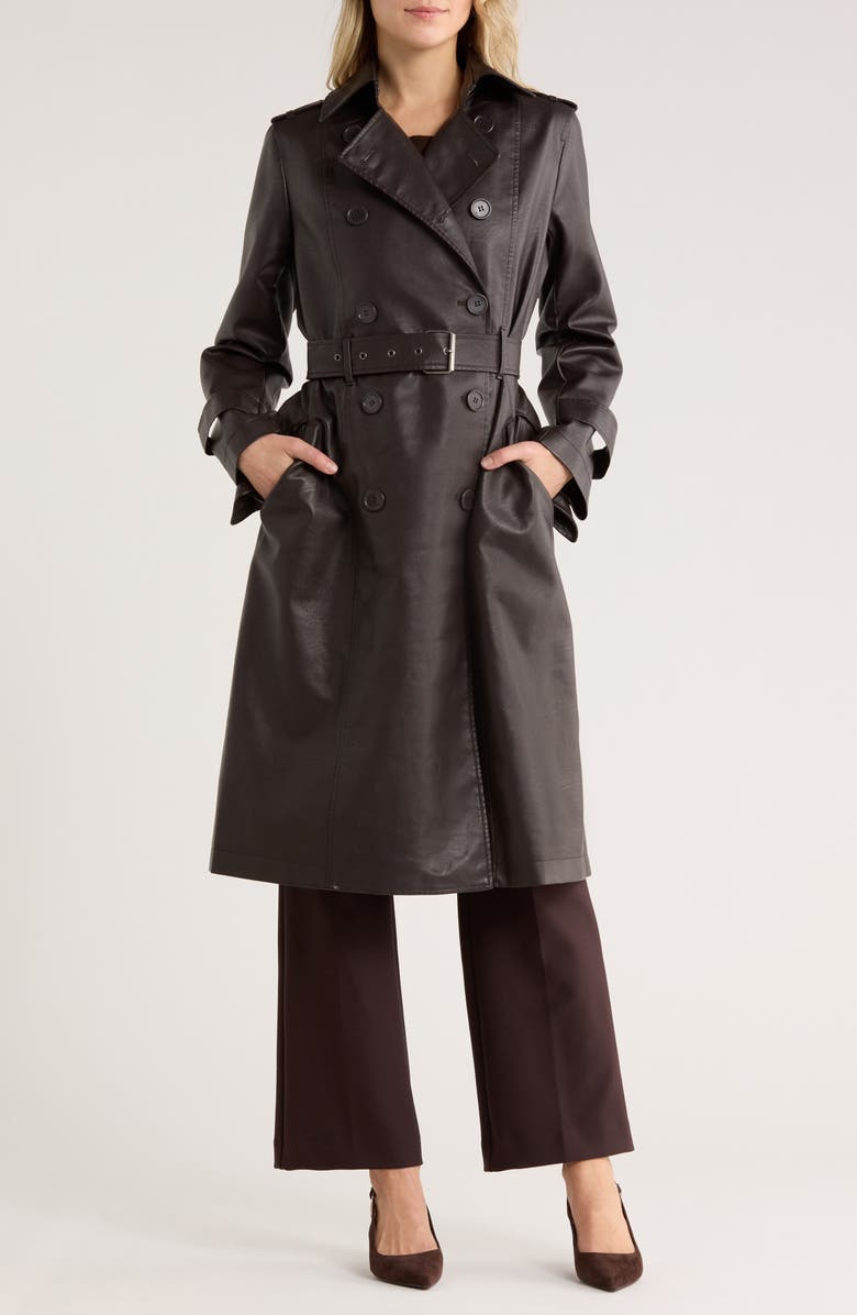 MAX STUDIO Faux Leather Long Trench Coat, Main, color, Brown