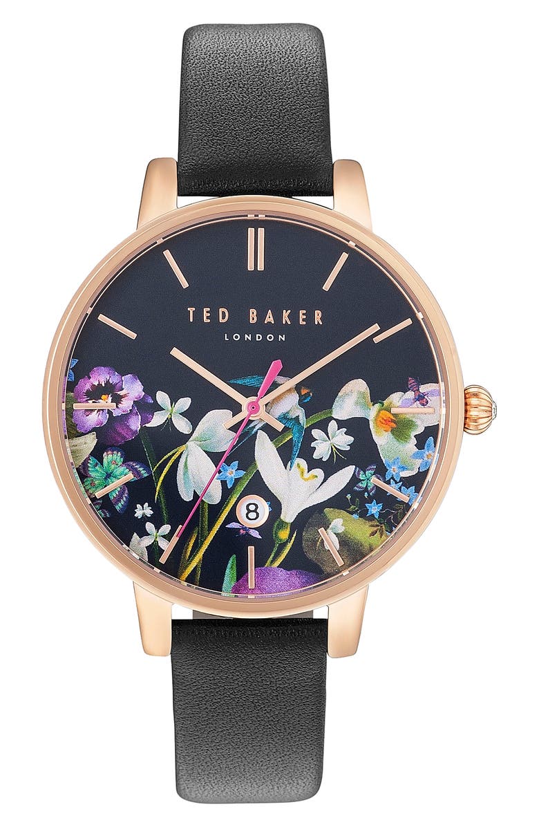 Ted Baker Porcelain Rose Watch (Black) Ted Baker Floral Leather Strap Watch, 36mm | Nordstrom main image 3