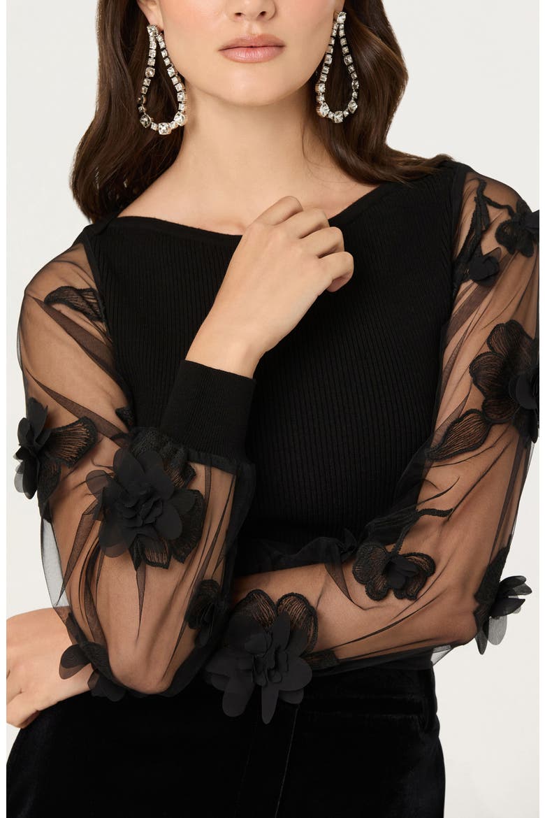 Meagan Floral Appliqué Sheer Sweater, Alternate, color, BLACK
