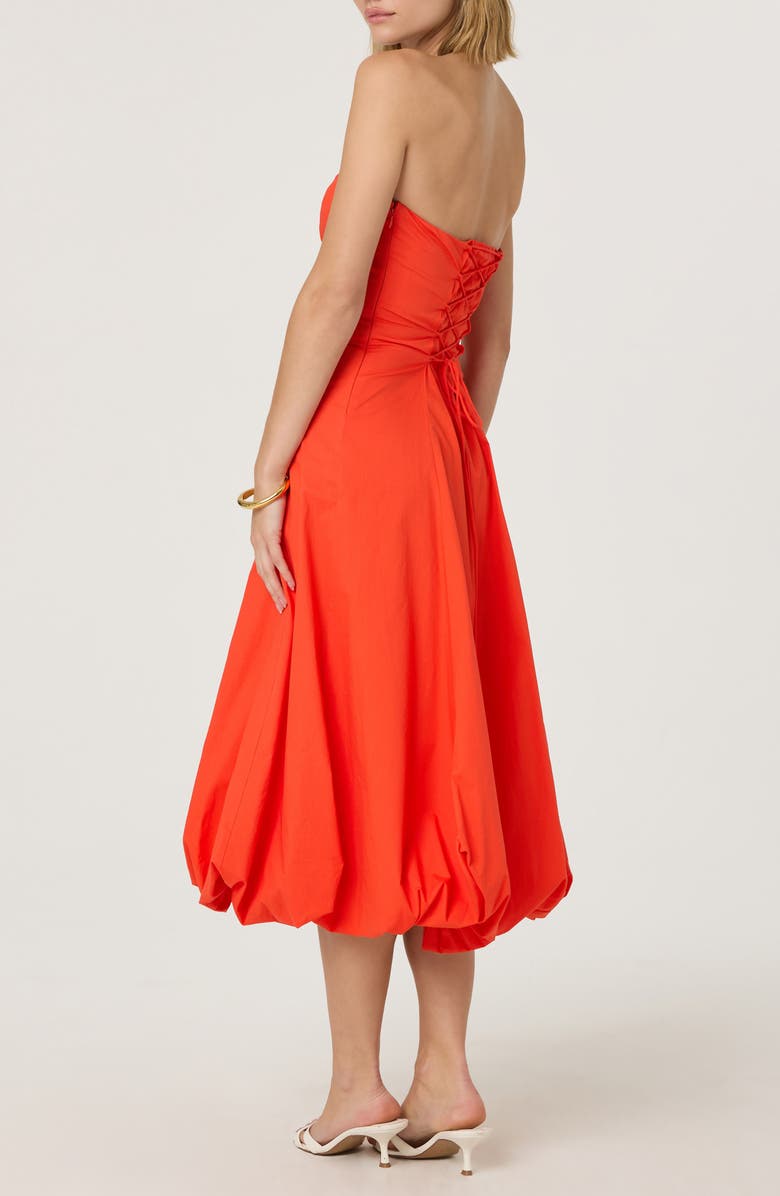 ASTR the Label Strapless Bubble Hem Cotton Poplin Midi Dress, Alternate, color, Tangerine