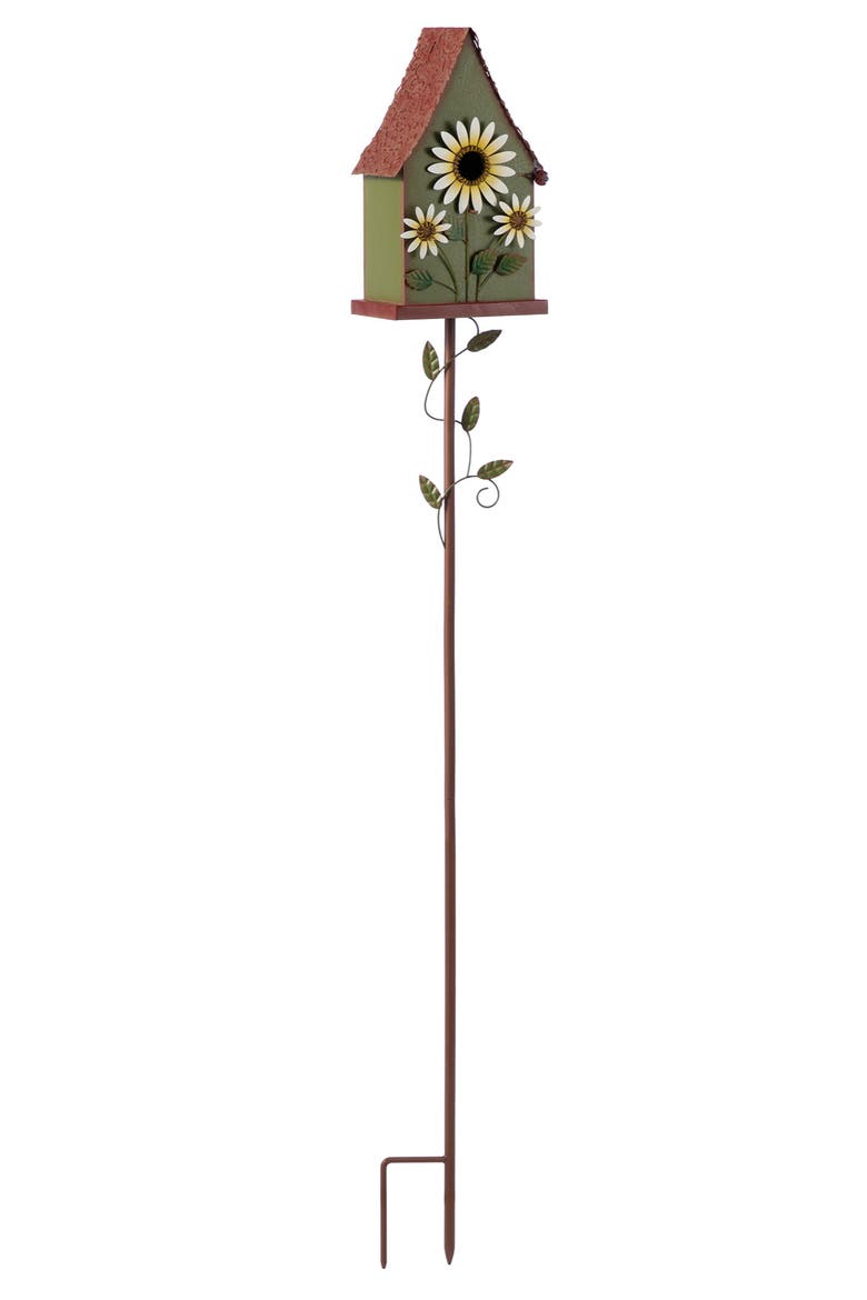 52"H Metal Daisy Decorative Garden Birdhouse with Stake, Alternate, color, Green