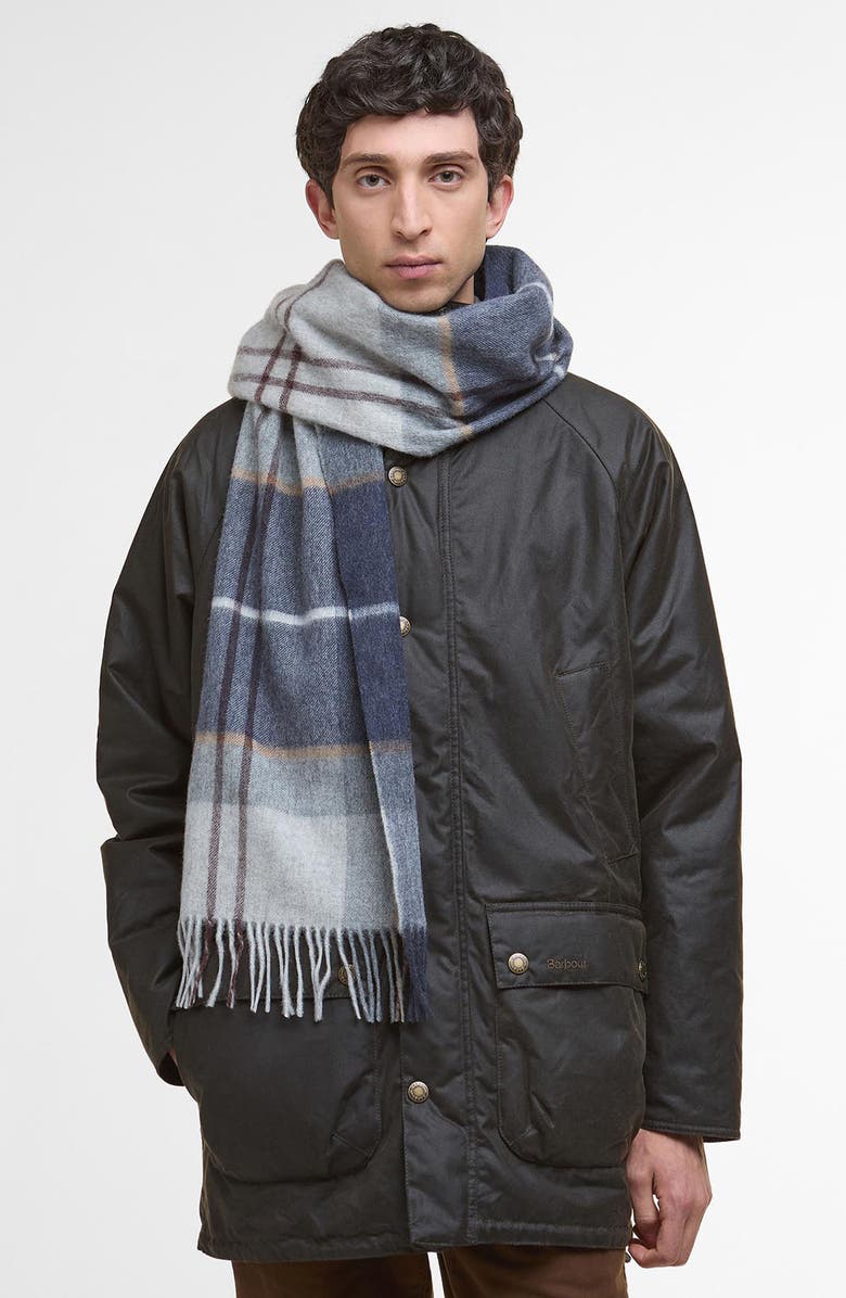 Barbour Carbridge Plaid Fringed Wool & Cashmere Scarf, Alternate, color, Grey Midnight Tartan
