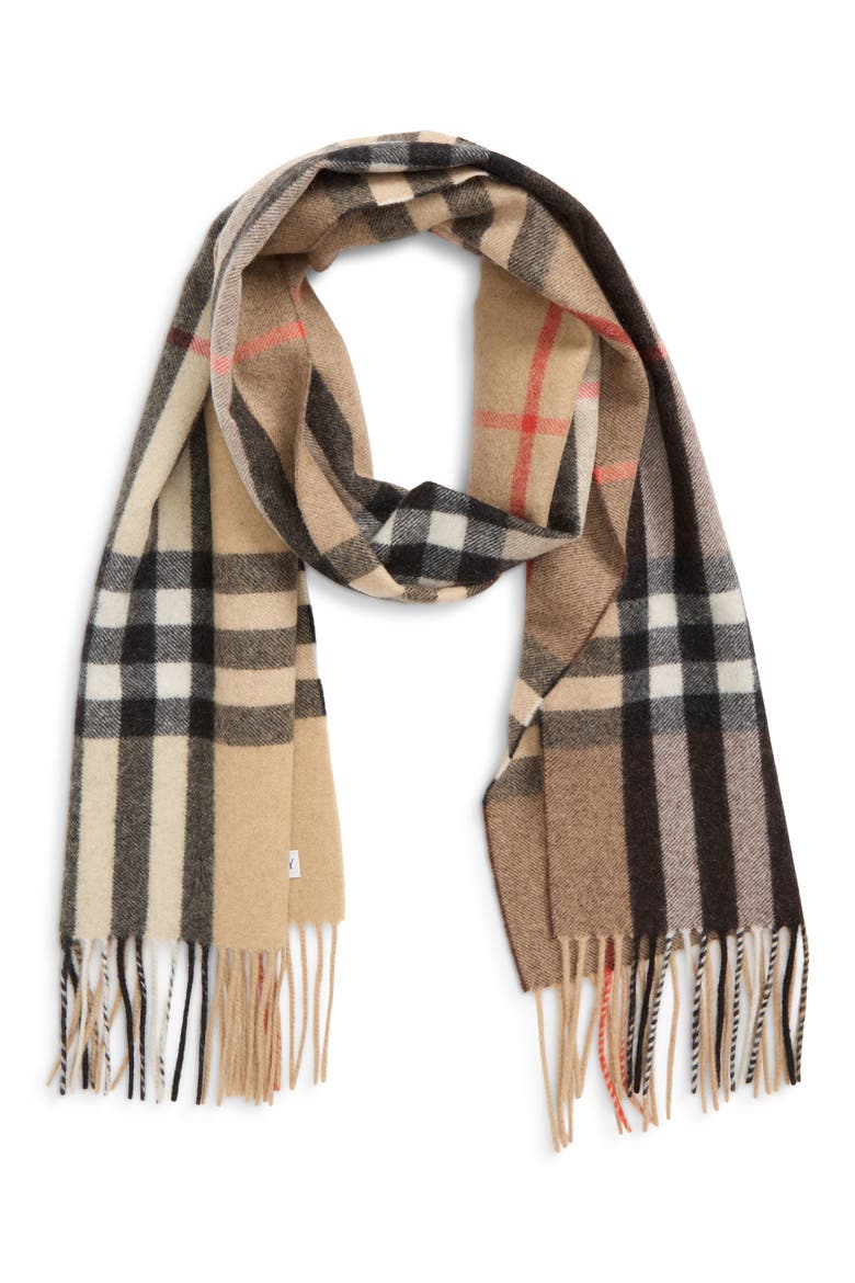 Giant Check Cashmere Fringe Scarf, Alternate, color, ARCHIVE BEIGE