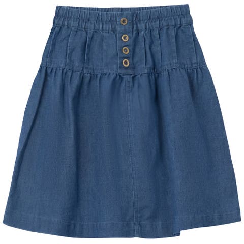 Button Denim Elastic Waist Tiered Shirring Skirt (Toddler, Little Kid & Big Kid)