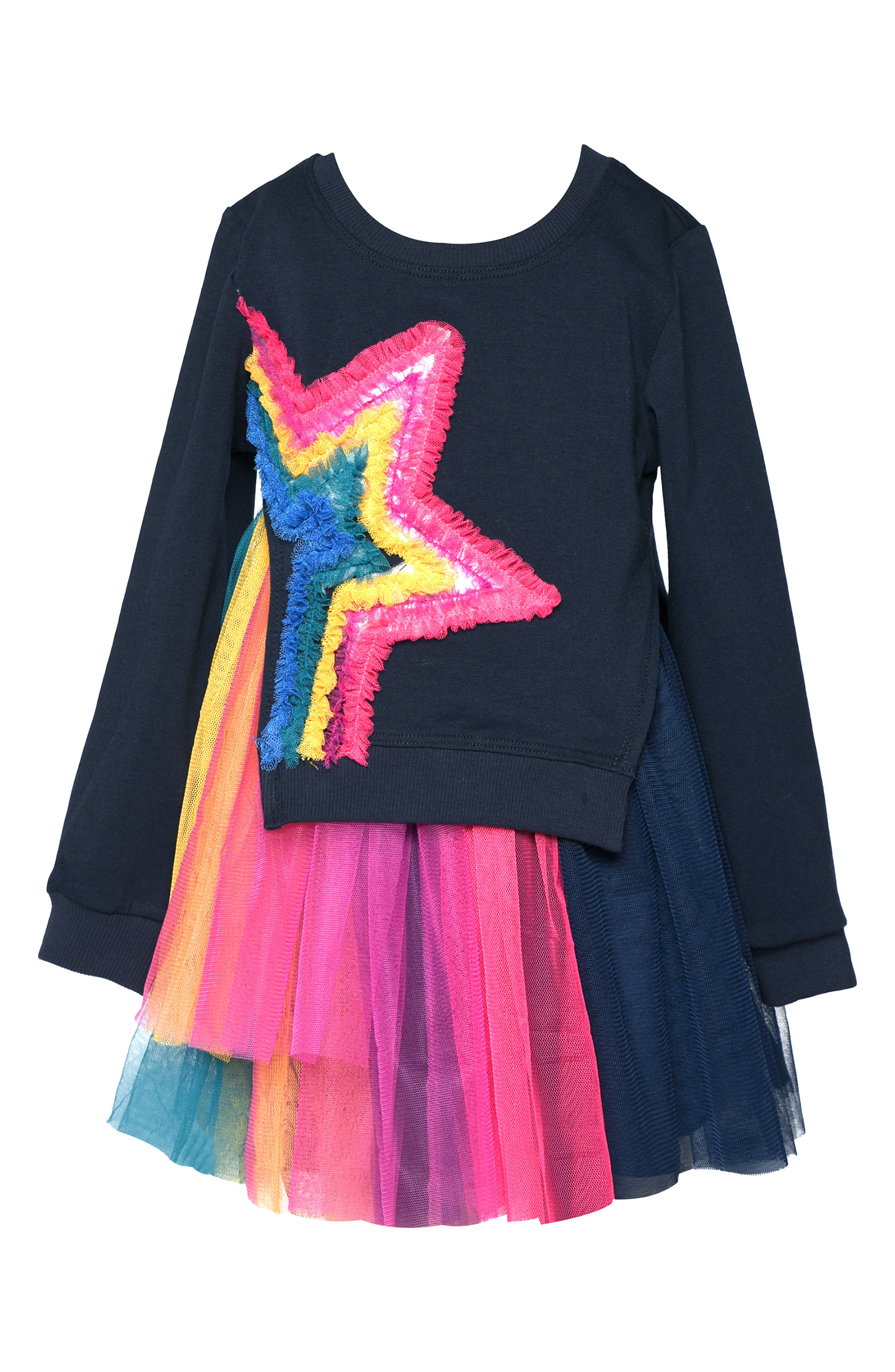 Truly Me Kids' Rainbow Star Long Sleeve Dress in Navy Multi 