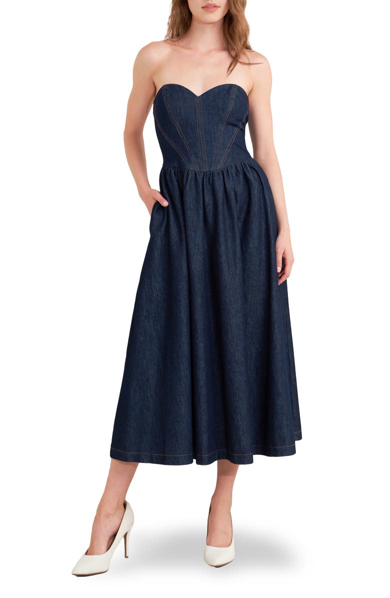 FREEMARKET Strapless Denim Midi Dress, Main, color, Denim