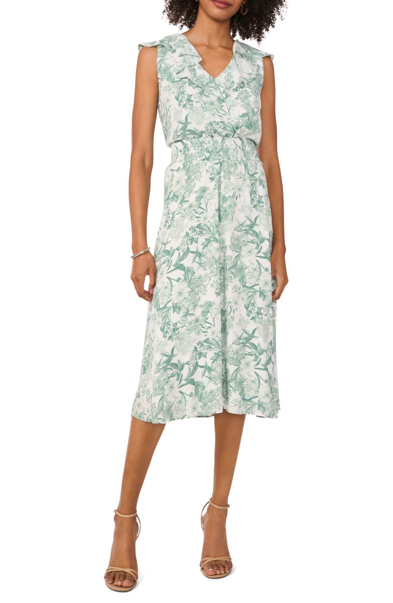 Vince Camuto Floral Print Ruffle Smocked Waist Midi Dress, Main, color, 