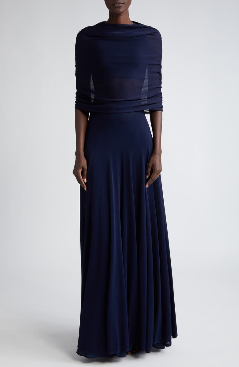 Brandon Maxwell Lyra Ruched Mesh Top, Alternate, color, Navy