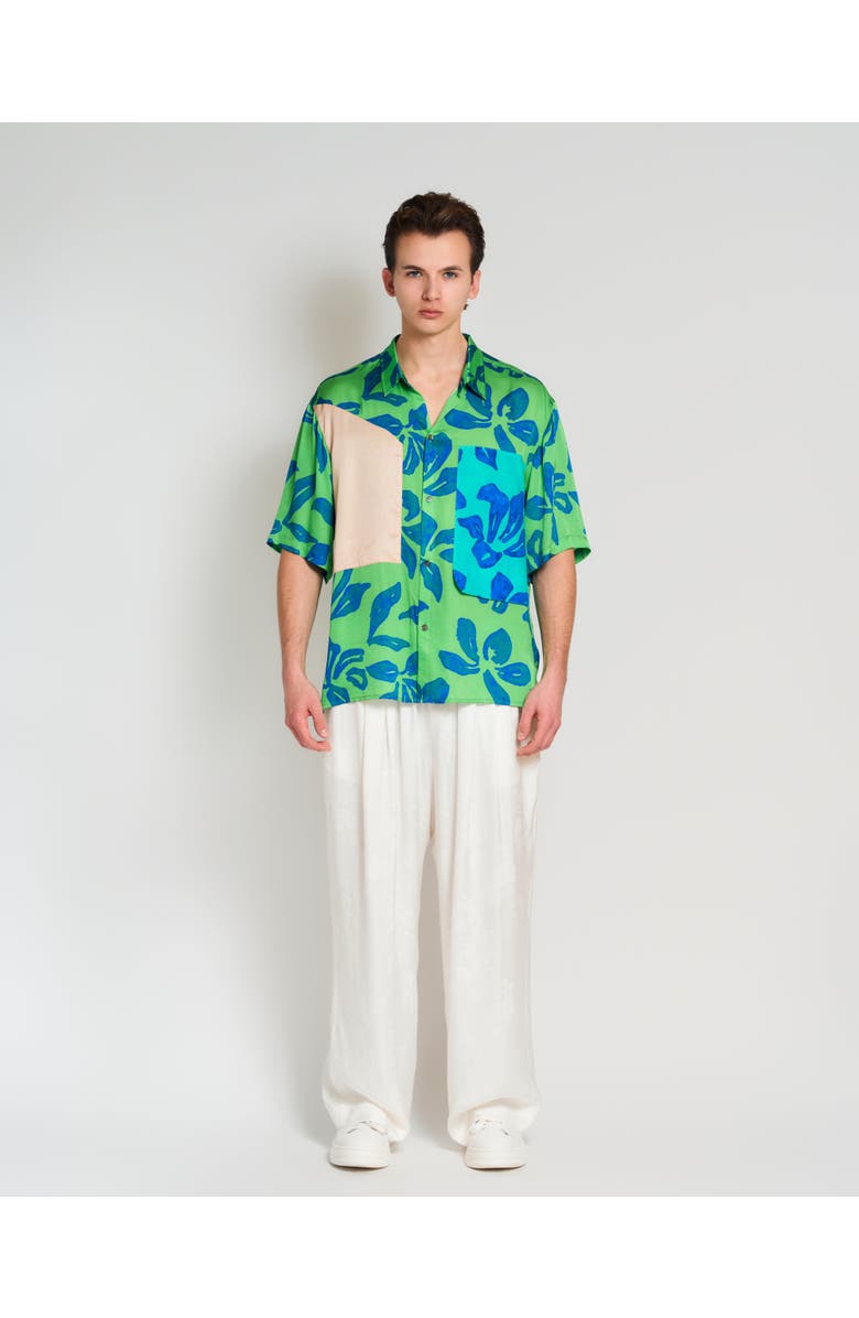 Lost Pattern NYC "Tropical Bliss" Patchwork Oversized Hawaii Shirt, Main, color, Green