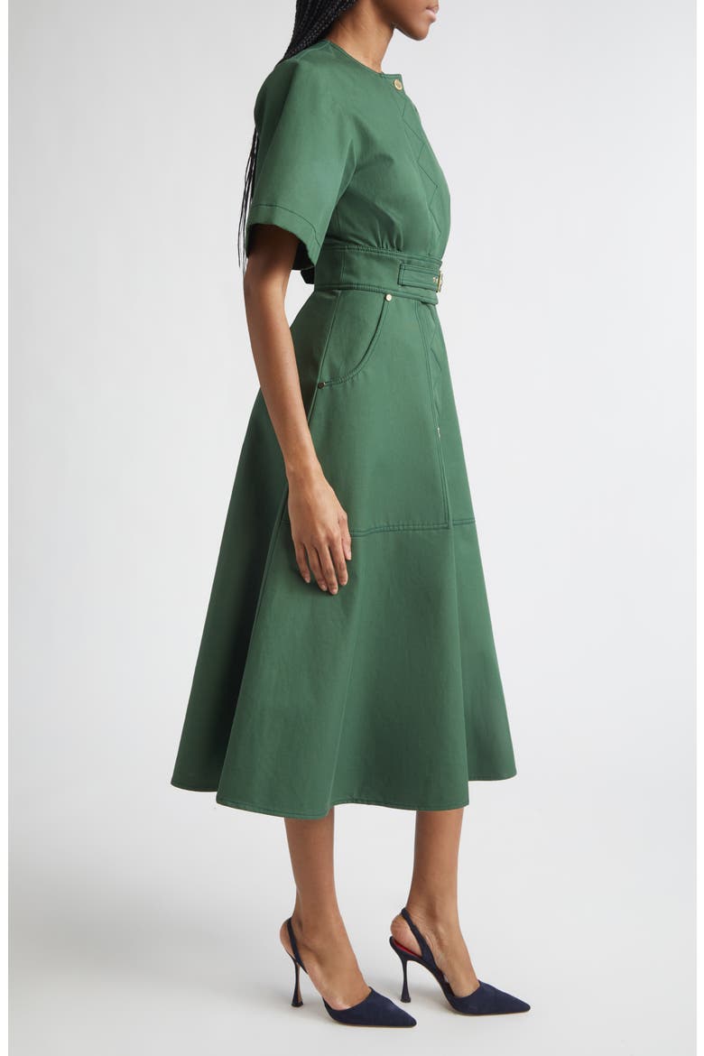 Cotton Gabardine A-Line Midi Dress, Alternate, color, RACING GREEN