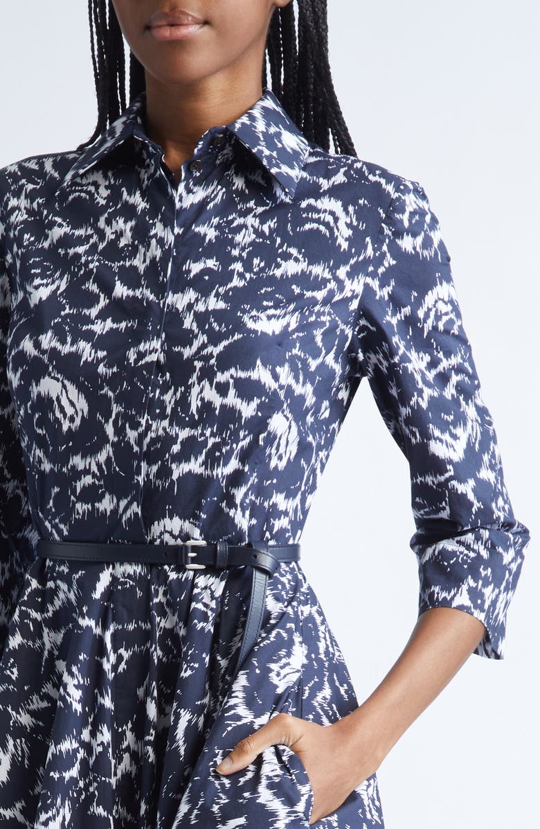 Michael Kors Collection Graphic Floral Chiné Belted Cotton Poplin Shirtdress, Alternate, color, Midnight/ Optic White