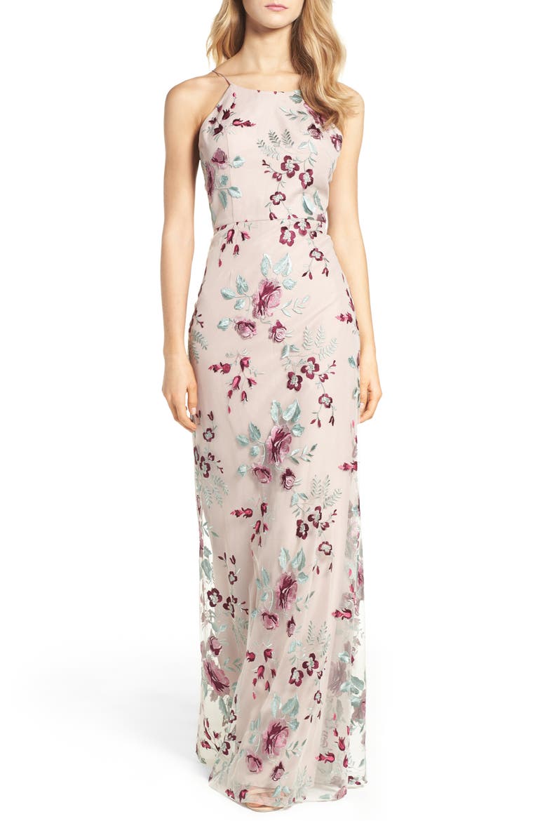 Claire Floral Embroidered Gown, Main, color, BERRY VINTAGE IRIS