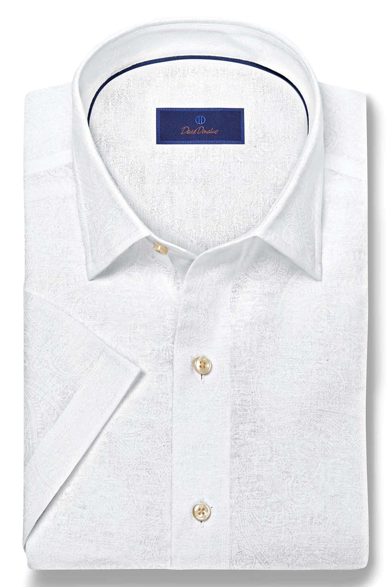 Paisley Print Short Sleeve Linen & Cotton Button-Up Shirt, Alternate, color, WHITE
