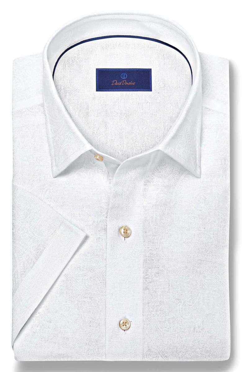 David Donahue Paisley Print Short Sleeve Linen & Cotton Button-Up Shirt, Alternate, color, White