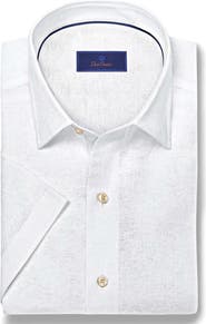 David Donahue Paisley Print Short Sleeve Linen & Cotton Button-Up Shirt