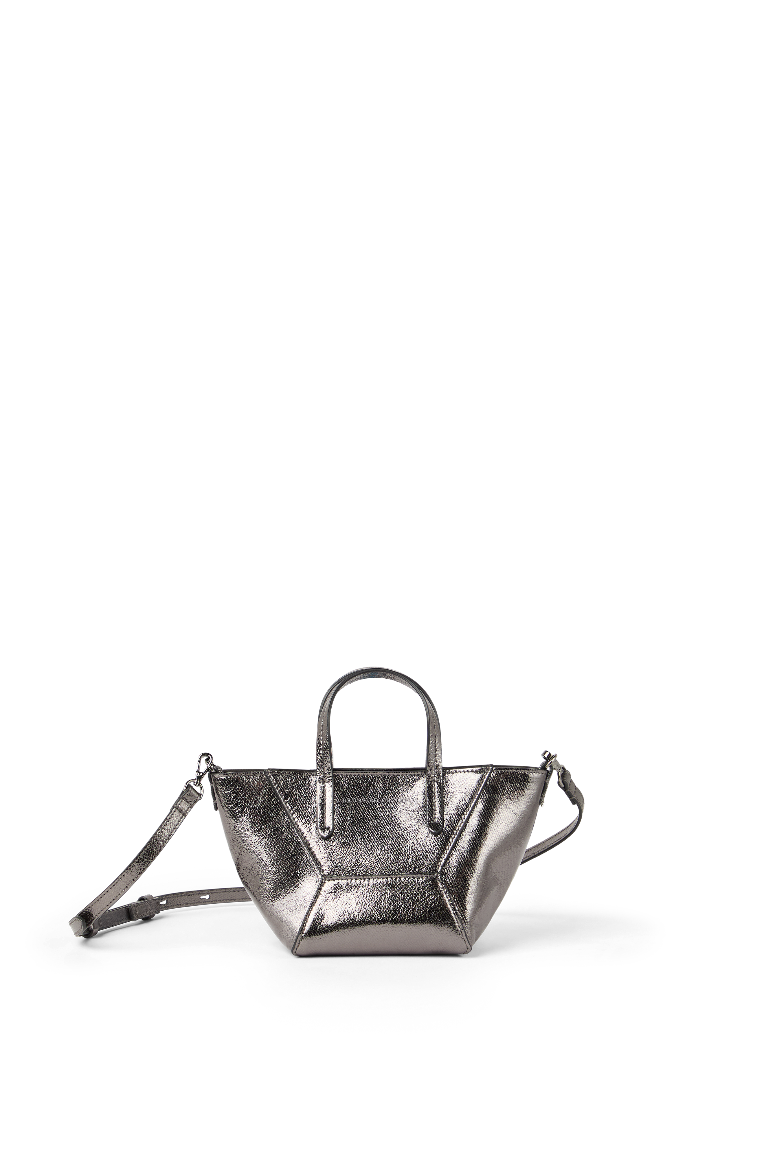 Brunello Cucinelli Lamé calfskin BC Duo mini bag, Main, color, Silver