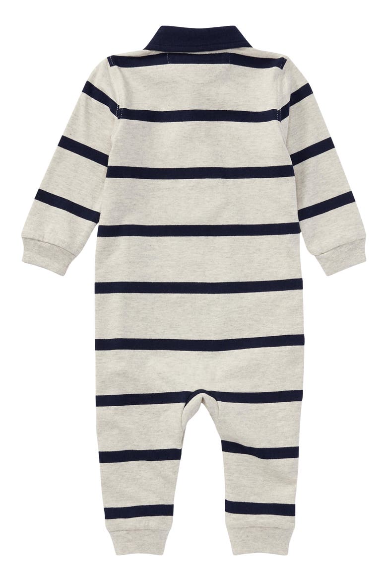 Rugby Stripe Cotton Interlock Polo Romper, Alternate, color, LIGHT SPORT HEATHER MULTI