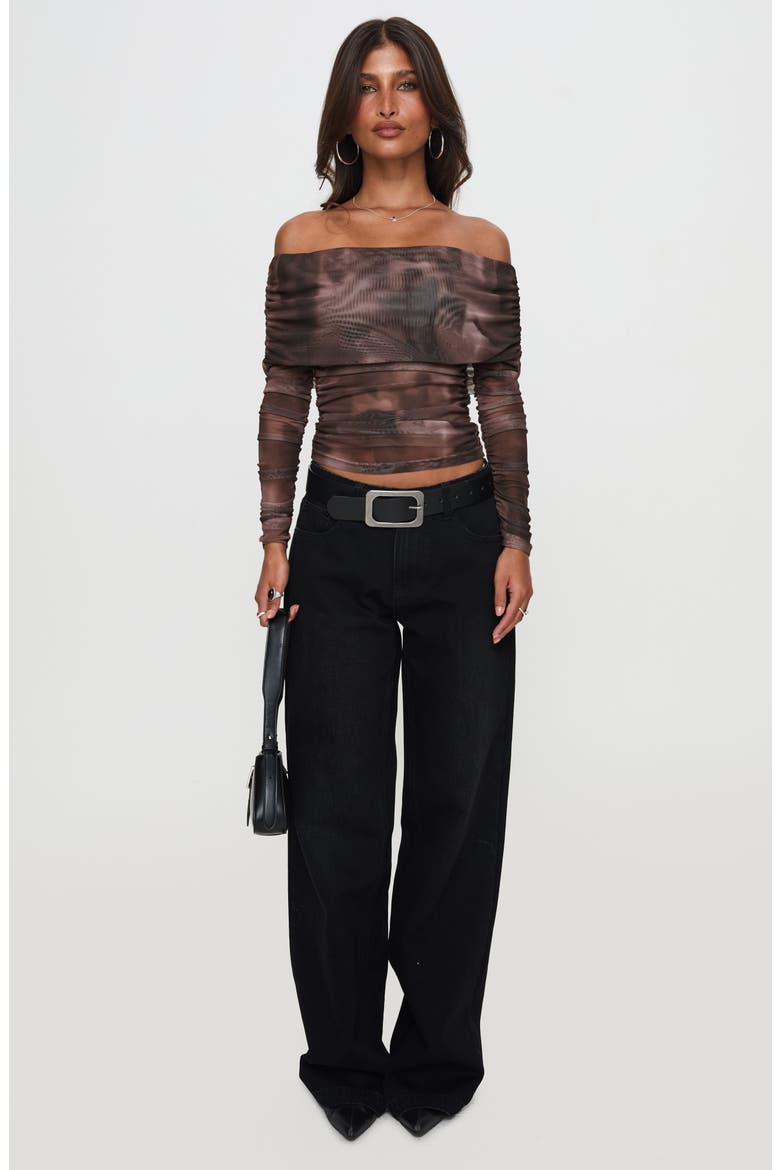 Good Taste Off the Shoulder Long Sleeve Mesh Top, Alternate, color, BROWN