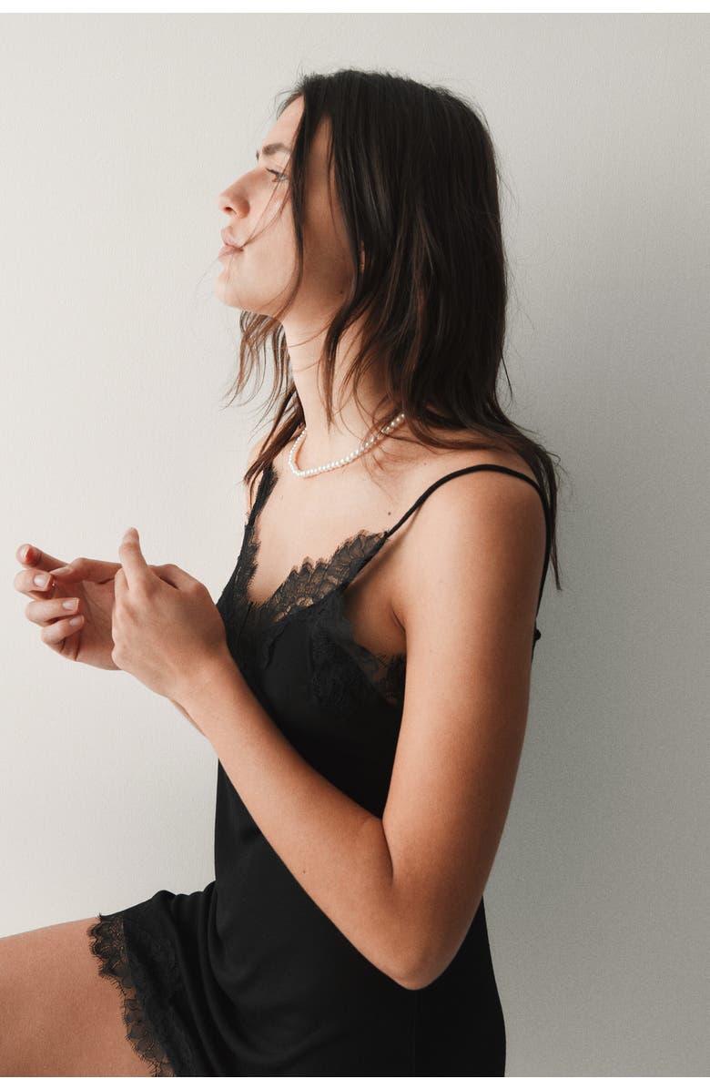 H&M Lace-trimmed Nightslip, Alternate, color, Black