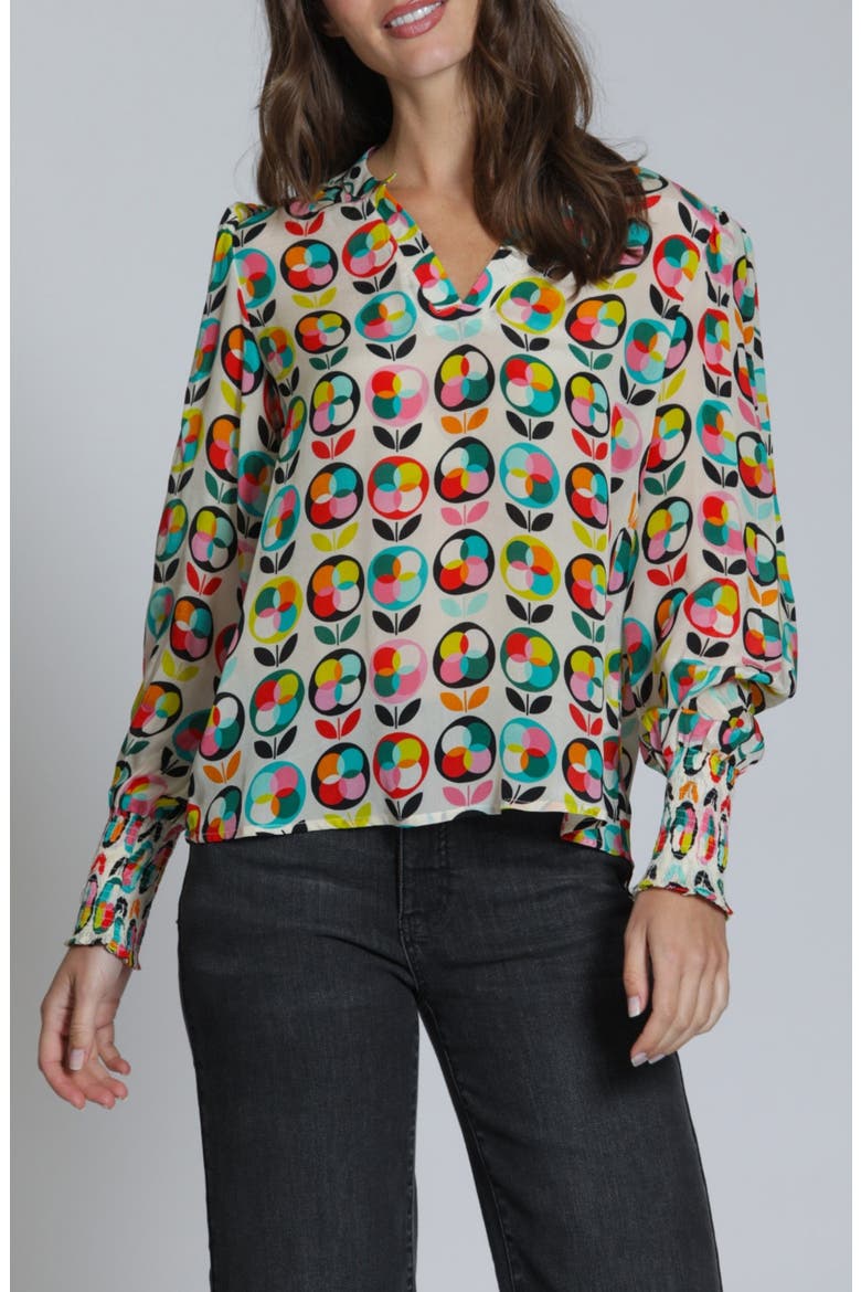 Print Smocked Cuff Top, Main, color, PINKTURQUOISE MULTI