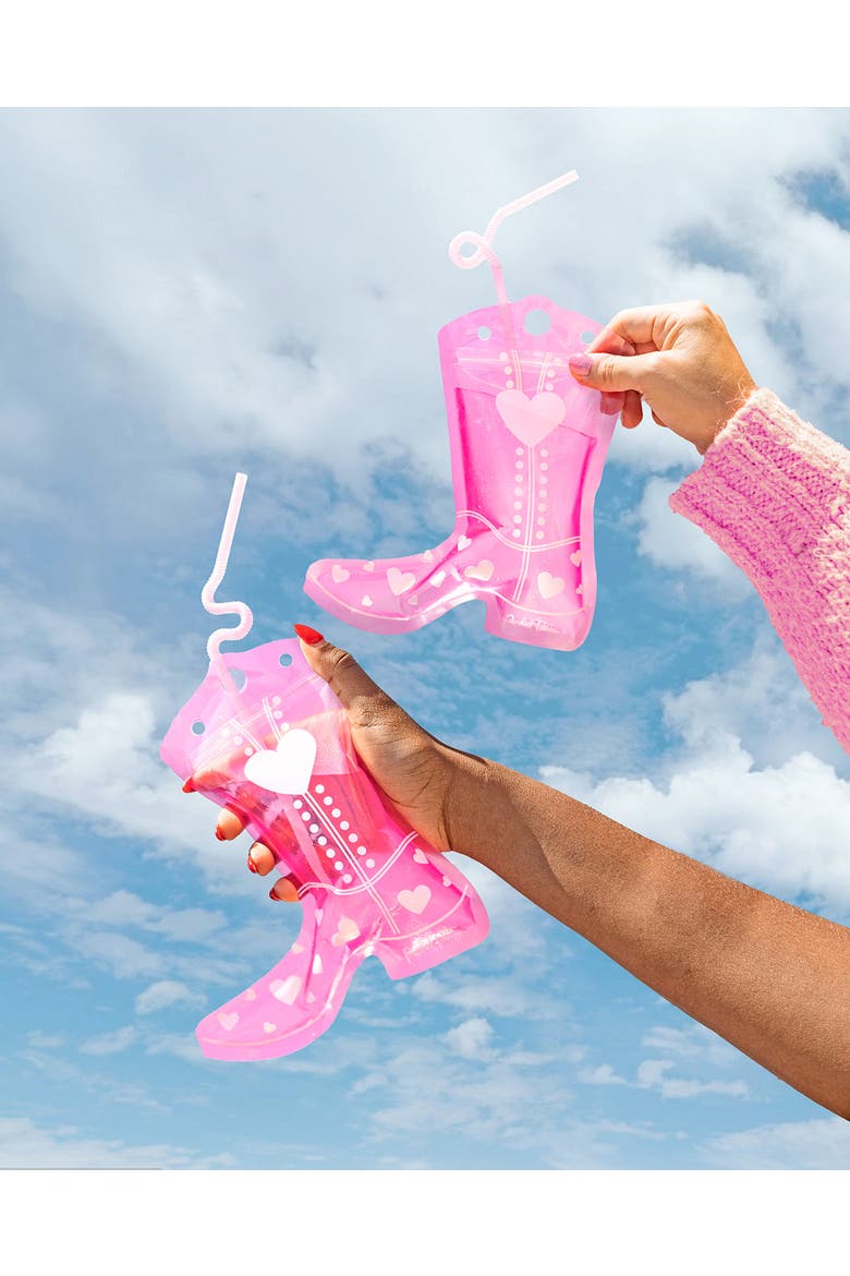 Valentine Cowboy Boot Drink Pouches Set of 10 - Heart-Studded Boot-Shaped Reusable Drink Bags with Bendy Straws, 8 oz BPA-Free, 8x7 Inch, Alternate, color, Multicolor