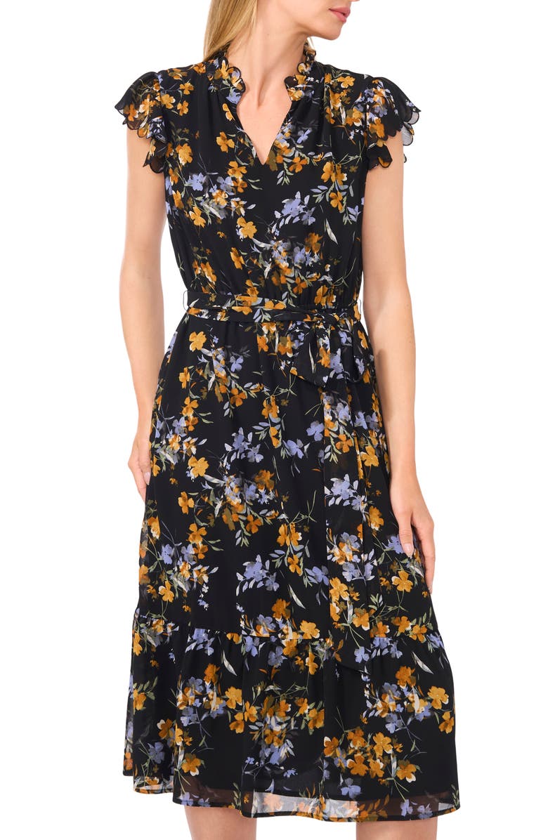 CeCe Floral Scallop Trim Chiffon Midi Dress, Alternate, color, 