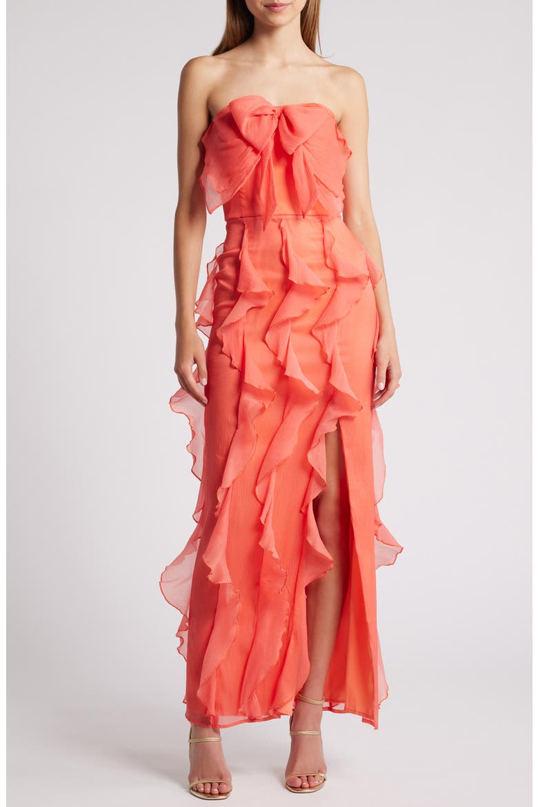 Allover Ruffle Strapless Gown, Main, color, CORAL