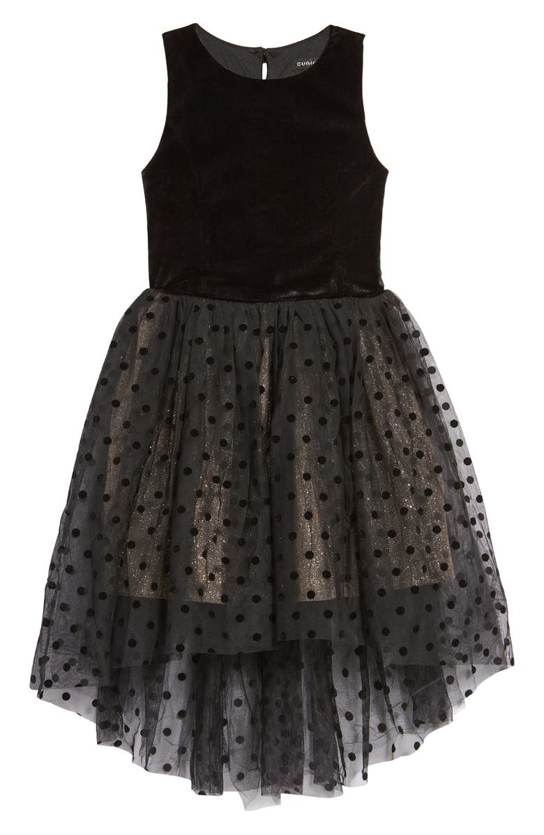 Zunie Kids' Velvet Bodice Flocked Spot Tulle Skirt, Main, color, 