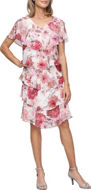 SL FASHIONS Floral Tiered Ruffle Chiffon Dress
