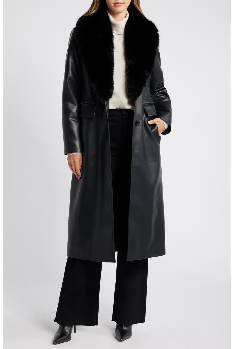 Belted Faux Leather Coat with Faux Fur Collar, Alternate, color, BLACK