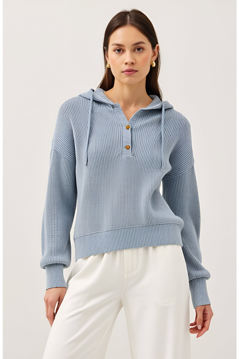 Knit Button Front Hoodie with Ribbed Hem and Drop Shoulders, Main, color, Light Beige
