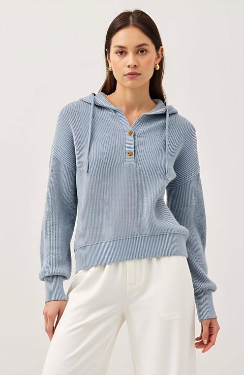 Knit Button Front Hoodie with Ribbed Hem and Drop Shoulders