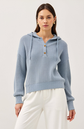 Modenaire Knit Button Front Hoodie with Ribbed Hem and Drop Shoulders