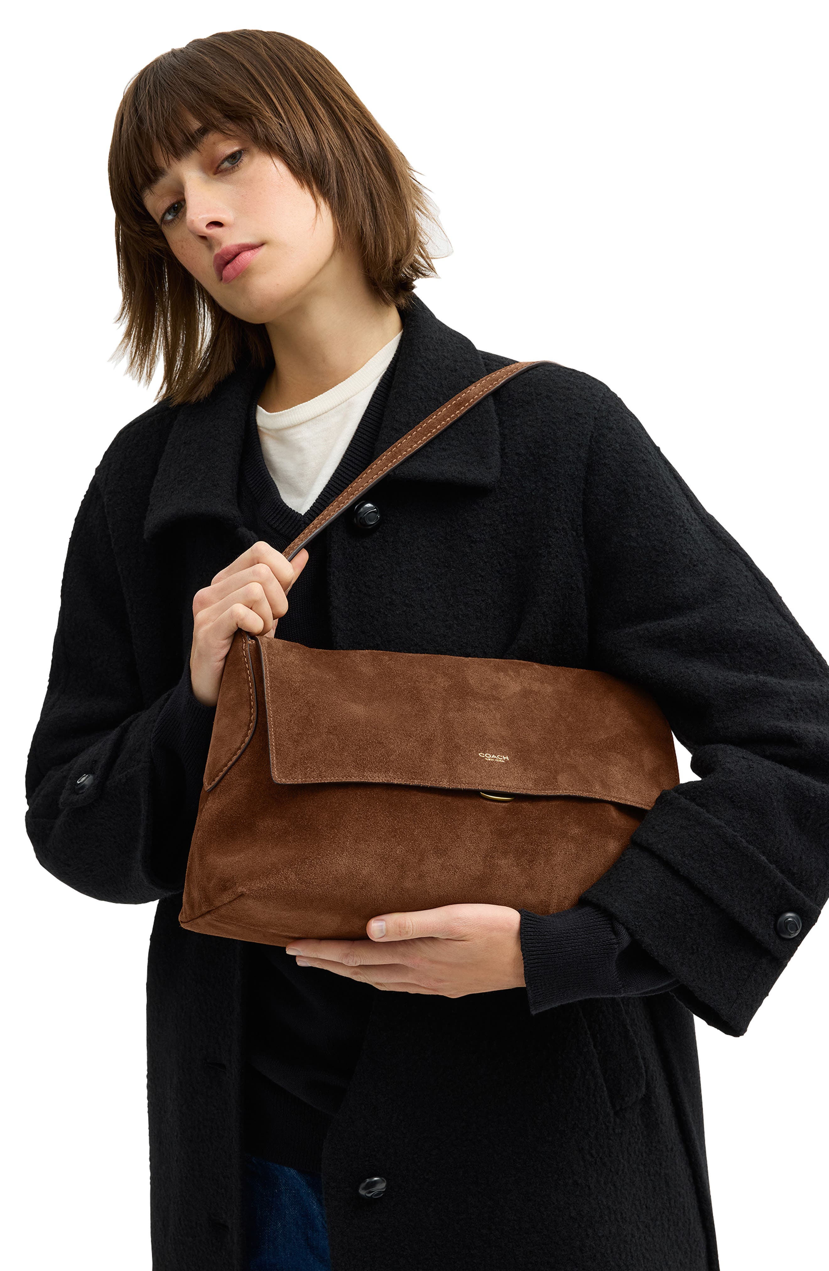 COACH Chelsea 36 Suede Shoulder Bag, Alternate, color, Warm Brown