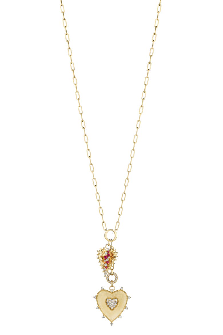 Penka Heart & Leaf, Diamond & Ruby Pendant Necklace, Main, color, YELLOW GOLD