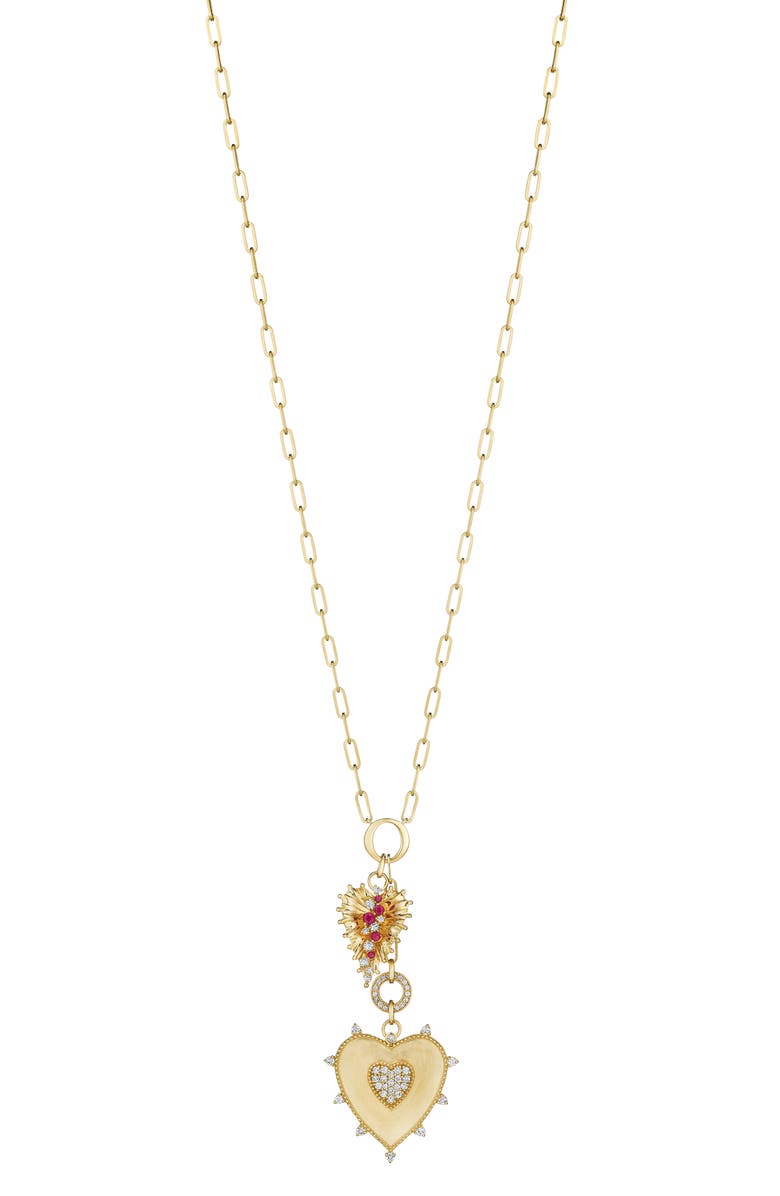 Hueb Penka Heart & Leaf, Diamond & Ruby Pendant Necklace, Main, color, Yellow Gold