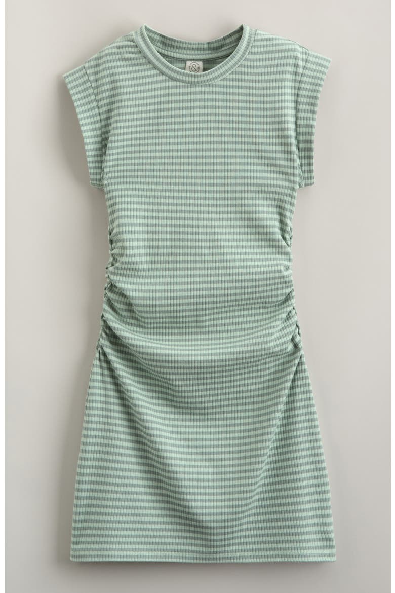 Kids' Shirred Rib T-Shirt Dress, Main, color, GREEN GHOST BELLY STRIPE