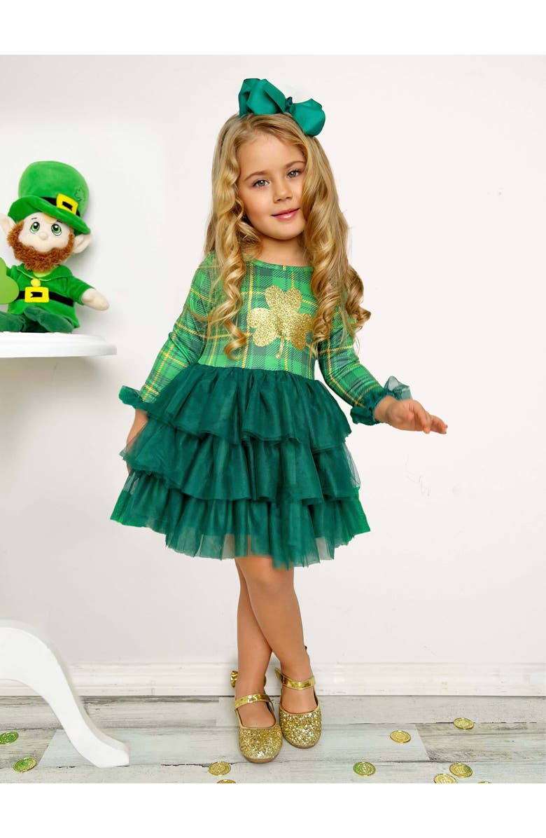 Mia Belle Girls Shimmering Shamrocks Tiered Tutu Dress, Alternate, color, Green