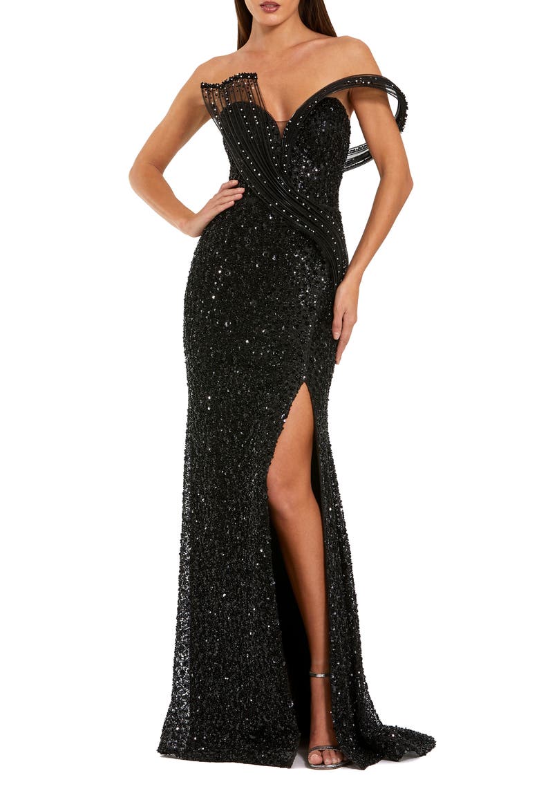 Sequin Gown With Sculptural Off-Shoulder Detail, Main, color, Black