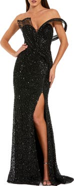 Mac Duggal Sequin Gown With Sculptural Off-Shoulder Detail