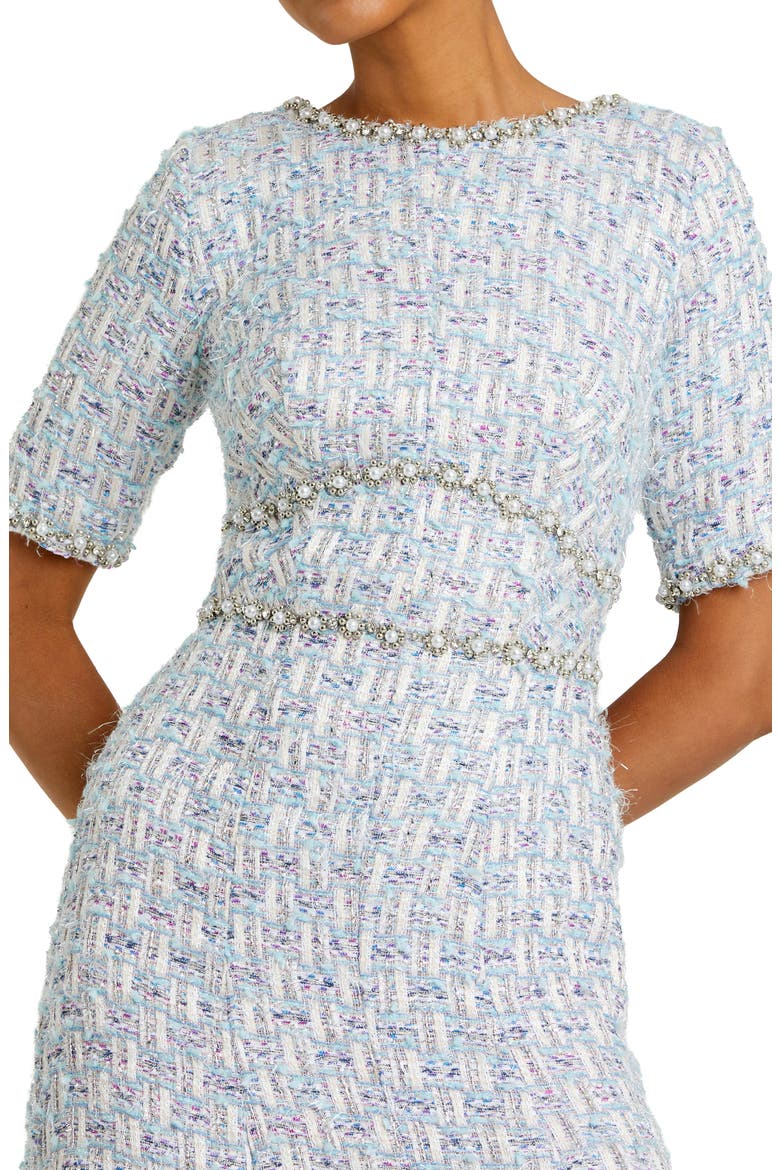 Short Sleeve Beaded Trim Boucle Midi Dress, Alternate, color, BLUE MULTI