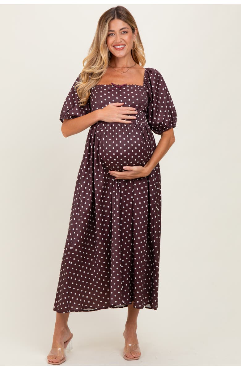 PinkBlush Polka Dot Square Neck Midi Dress, Main, color, Brown