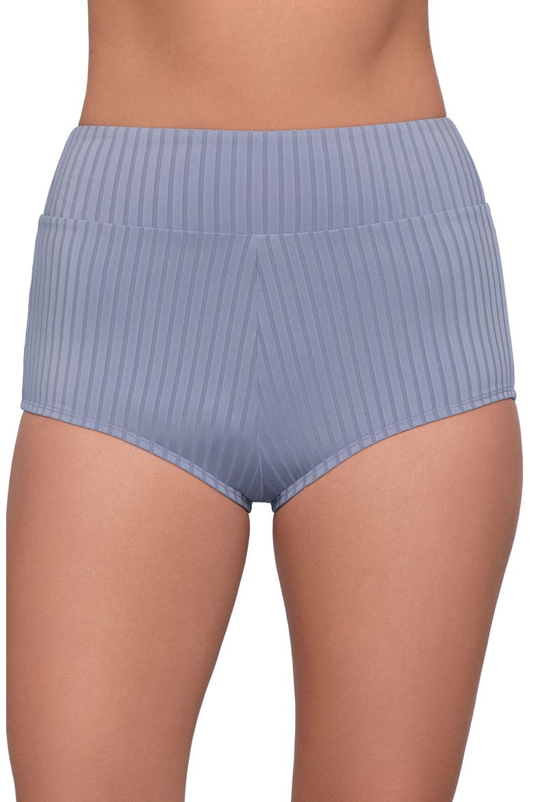 Smoothing and Sculpting Ribbed Ultra High-Waist Swim Shorts, Main, color, Iris