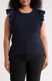 T Tahari Ruffle Sleeve Rib Sweater Tank